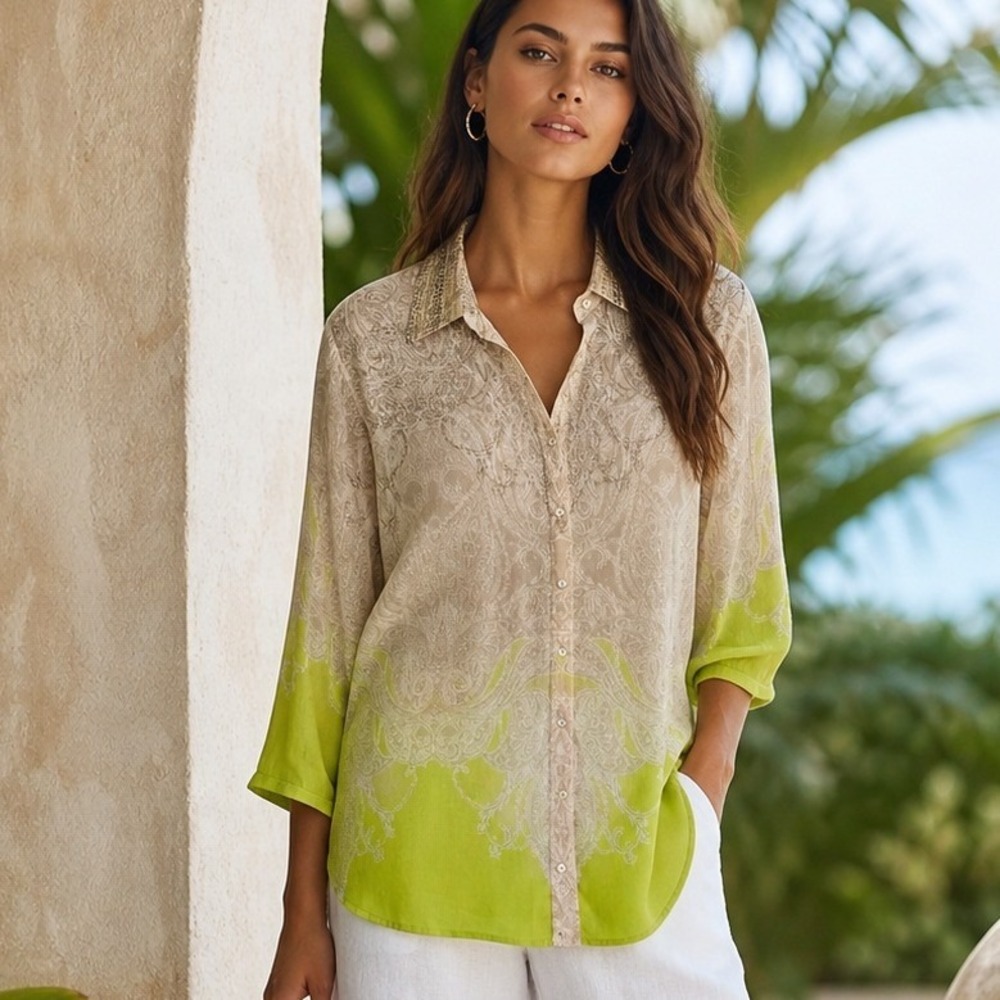 Black Label by Chico's Sheer Paisley Blouse Green Neutral Button Size 2 Boho